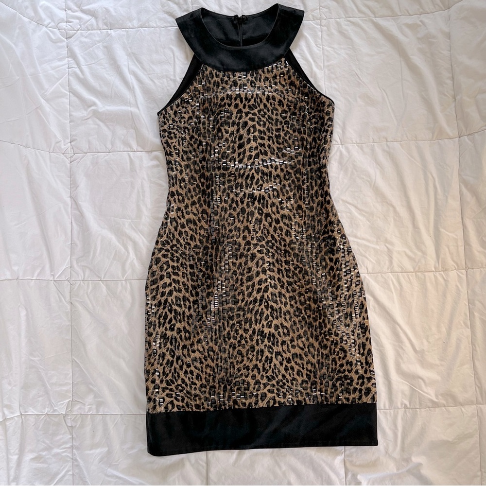 Cache | Leopard Print Halter Mini Dress with Shiny Texture | Size 6